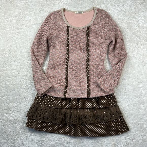 Tian Xin Ny Hai Pink brown polka dot ruffled drop waist sweater dress, size med - Picture 3 of 9